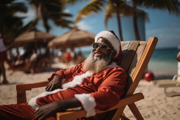 Black Santa Claus wearing sunglasses lounging on the beach in a chaise. Tropical Christmas Holiday concept.