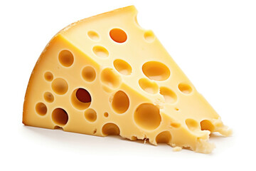 Piece of cheese with big holes in it on white background