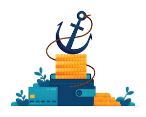 Illustration of pile of coins in a wallet weighed down by anchor a metaphor for saving and hoarding wealth. Can be used for posters, websites, brochures, banners © nakigitsune-sama