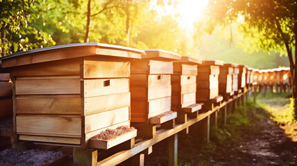 Closeup of honey hives in an apiary, sunny day. Apiculture concept. Generative AI