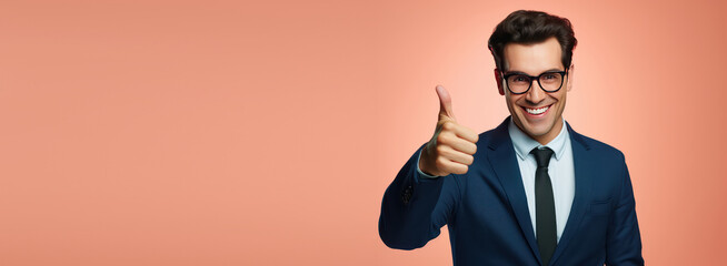 Portrait of handsome man showing thumbs up on bright colors studio with copyspace, Young businessman like hand gesture, Approval
