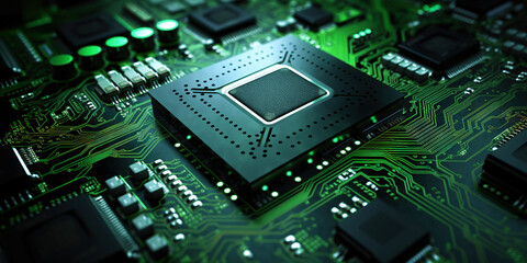 Heart of the Machine: Microprocessor in Green Glow. Motherboad electronics. Generative AI