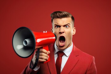 Portrait of handsome man holds loudspeaker in studio bright colors background, Young businessman shouts announcing with a megaphone