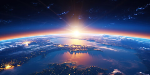 Panoramic view on planet Earth globe from space with rising sun. Glowing city lights, light clouds. Generative AI 
