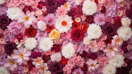 Flowers wall background with amazing red and white roses, wedding decoration, hand made. Generative AI