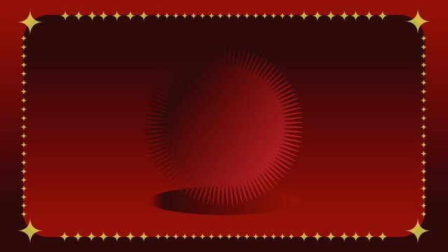 Dark red gradient background with yellow stars and zig zag circle element in the middle. Looping video animation footage with no text or object and wide copy space. Entertainment or stage concept.