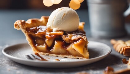 Close up of a slice of pie with a scoop of ice cream on top. The photo is taken in a dark setting with blurred lights in the background. The pie appears to be a caramel apple pie with a lattice crust.