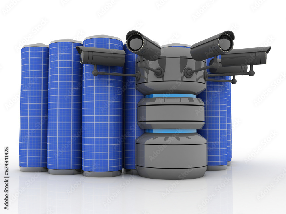 Poster 3d rendering surveillance cctv security camera connected database near battery
