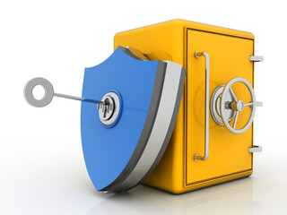   
3d illustration shield with safety metal locker
