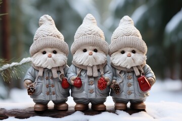 Adorable watercolor gnomes gather around the Christmas tree, exchanging gift in the cool Arctic atmosphere. Full color, textured knitted illustrations, suitable for nursery art by Generative AI