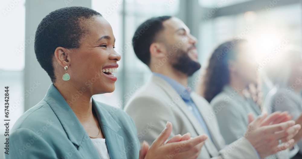 Wall mural Business woman, laughing and applause at conference, workshop or convention with work audience. Crowd, employees and company workers with clapping for achievement of group together for presentation