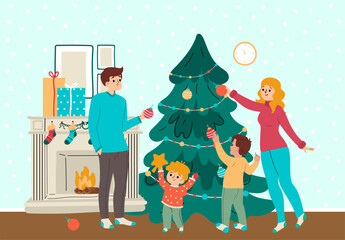 Family celebrates Christmas. Parents and children decorate the Christmas tree.