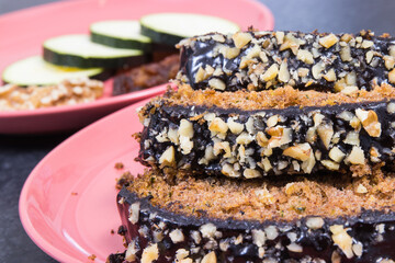 Homemade pastry made of zucchini with nuts and raisin