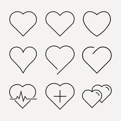 Heart vector linear icons, concept of medical health care. Set of heartbeat signs on isolated background. Love shape floral ornament package