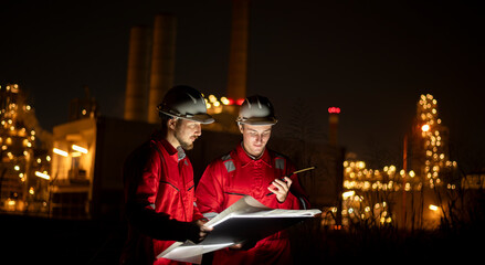 Engineer survey team wear uniform and helmet stand workplace checking blueprint project and radio...