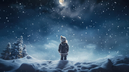 Fototapeta na wymiar A child in warm winter clothing stands in a snowy landscape at night, gazing at a bright star, with a small illuminated Christmas tree in the background creating a magical holiday scene.