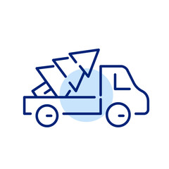 Fir tree in a truck. Christmas decoration delivery service. Pixel perfect, editable stroke icon
