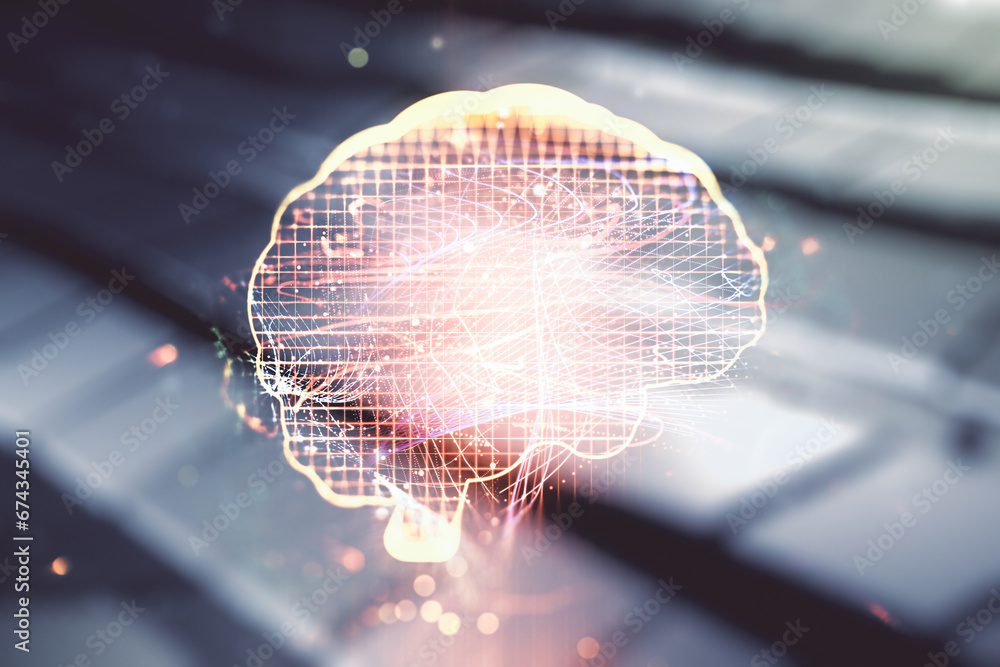 Poster double exposure of creative artificial intelligence interface on blurry metal background. neural net