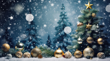 Naklejka na ściany i meble Beautiful decorated Christmas tree in a snowed cold winter landscape.