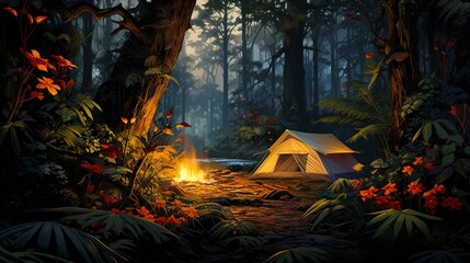 Camping Shelter Next to a Flickering Blaze in a Vibrant Forest, Teeming with Rich Foliage and Verdant Plants