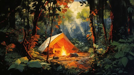 Camping Shelter Next to a Flickering Blaze in a Vibrant Forest, Teeming with Rich Foliage and Verdant Plants