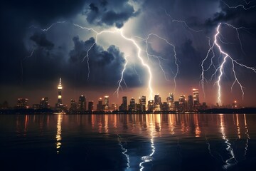 A dramatic lightning strike over a city skyline.
