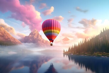 A dreamy, pastel-colored hot air balloon floating over a serene landscape.
