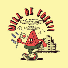 illustration of a watermelon cartoon character carrying a flag