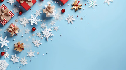 Gift boxes with christmas decorations on a blue background. Top view. Flat lay.