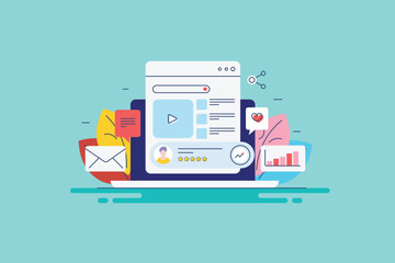 Video content on web browser, social media creator, new post message notification, audience engagement report filled outline vector illustration.