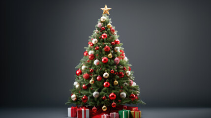 Christmas tree festooned with red and gold ornaments, standing against a gradient backdrop, with assorted wrapped gifts settled at its base.