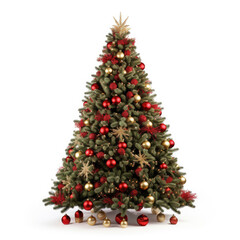 Beautifully decorated Christmas tree adorned with red and gold ornaments, surrounded by wrapped gifts at its base.