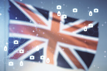 Abstract virtual medical illustration on flag of Great Britain and sunset sky background. Medicine...