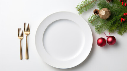 A simple and elegant Christmas table setting features a white plate, gold forks, pine branches, a shimmering bauble, pinecone, and vibrant red berries.