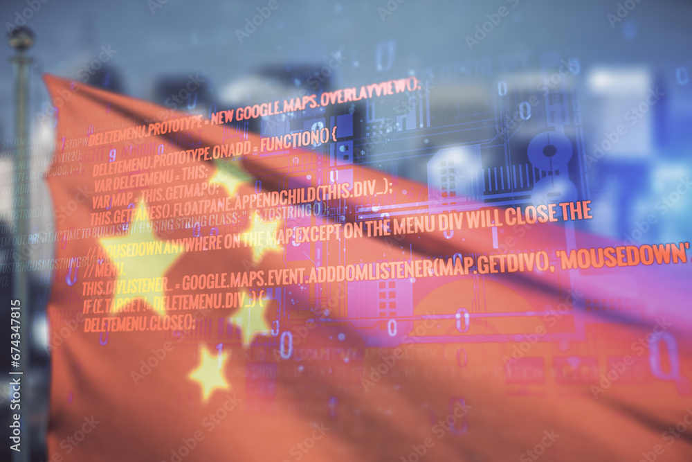 Poster double exposure of abstract programming language interface on flag of china and blurry skyscrapers b