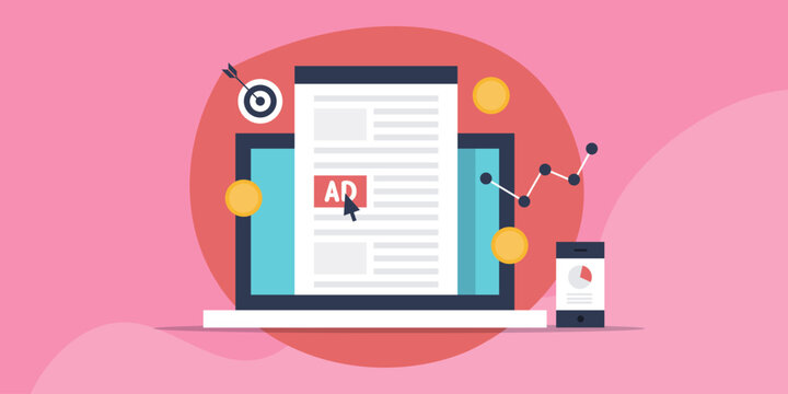 Digital advertising, business data analytics, digital report on smartphone screen, re-targeting company strategy, investing money online ad network vector illustration.