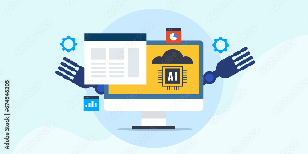 Poster artificial intelligence robot hand managing online business, website and data analytics, marketing a