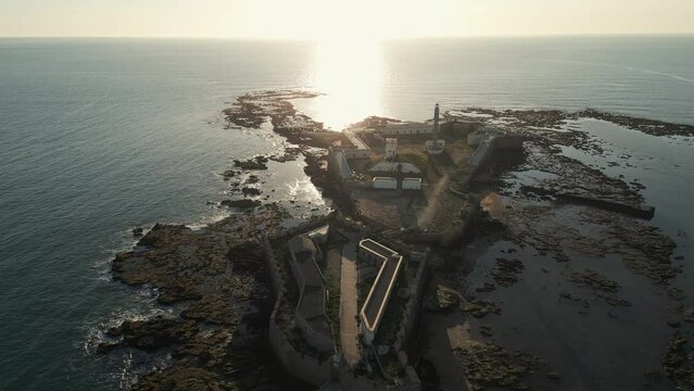 Captivating aerial footage of  Avanzada de Santa Isabel at sunset, town of Cadiz, Andalusia province, south Spain