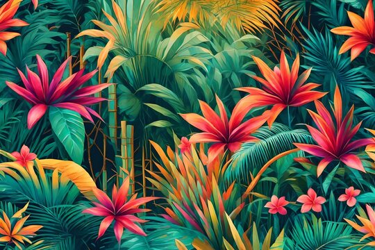Scene with a tropical garden, where exotic flowers, palm trees, and bamboo shimmer in vivid colors