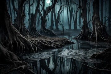 There was a sense of dread and hopelessness in the swamp, which was haunted by twisted trees, murky waters, ghostly apparitions, and a full moon throwing a gloomy glow - obrazy, fototapety, plakaty