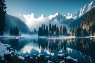 Tranquil scenery with snow castle in clouds. Mountain creek flows from forest hills into glacial lake. Snowy mountains in fog clearance - obrazy, fototapety, plakaty