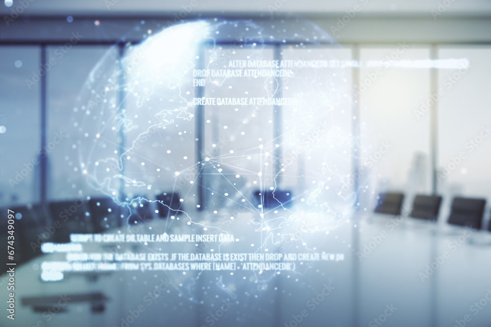 Aufkleber multi exposure of abstract software development hologram and world map on a modern meeting room back