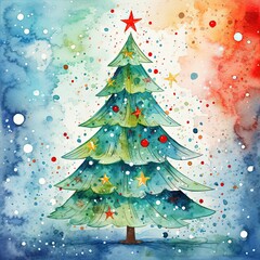Illuatration of a colorful watercolor Christmas tree