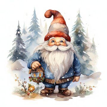 Watercolor Christmas illustration of a garden gnome