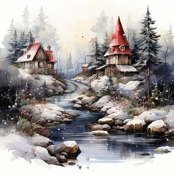Watercolor Christmas illustration of a magical dwarf village