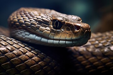 Fototapeta premium Close-up of the head of a snake on a dark background