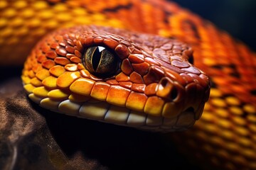 Fototapeta premium Close up of the eye of a viper snake on a dark background