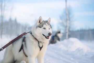 Siberian Husky sled dog on the background of the winter forest