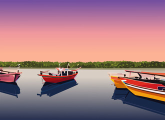 Fototapeta premium Landscape in river bank with boats view during sunset.