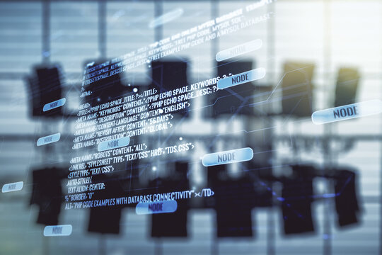 Multi exposure of abstract creative coding sketch on a modern conference room background, artificial intelligence and neural networks concept